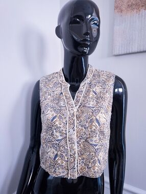 Rachel Zoe Beige and Navy Paisley-Print Sleeveless Button Front Top
